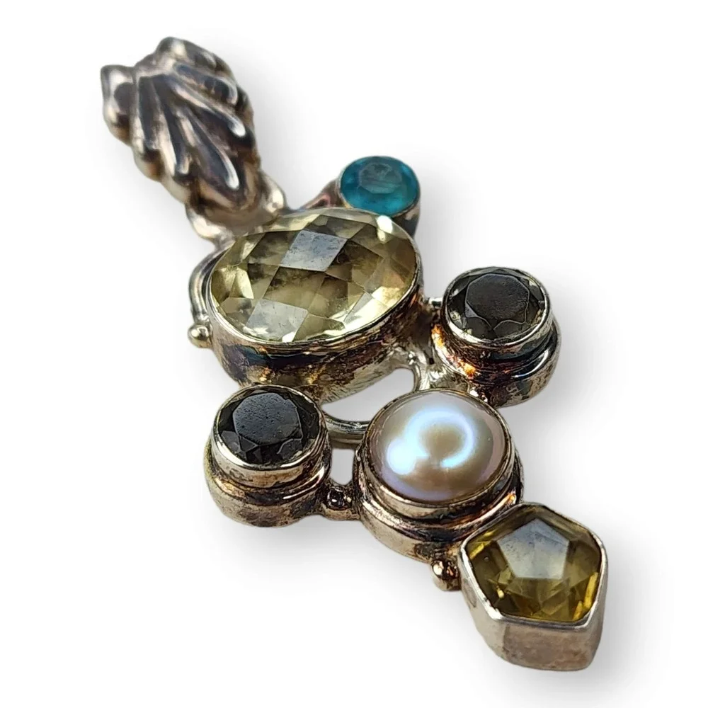 Vintage Pendant Sterling Silver 925 Citrine Topaz Aquamarine Pearl Gem
